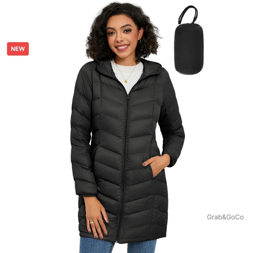 Lightweight Down Puffer Coat Hooded Mid-Length Winter Jacket Packable Chic